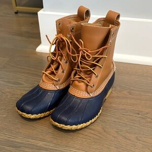 Brown and Navy LL Bean Duck Bean Boots